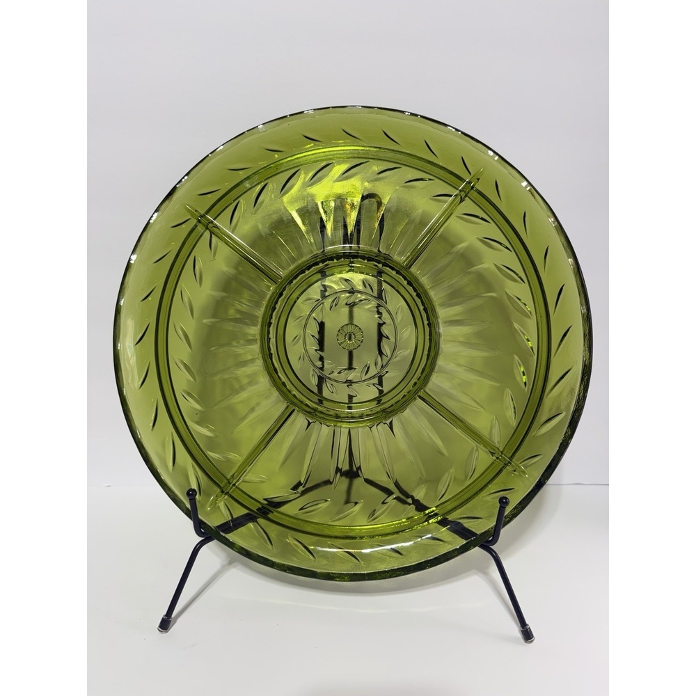 Vintage Indiana Glass Avocado Green Sunburst Laurel Wreath Relish Dish Tray 13"